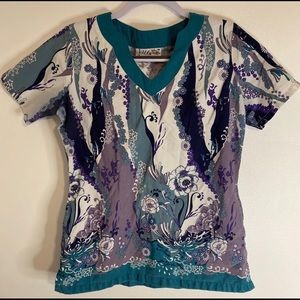 UA Scrubs Scrub Top Medical Uniform Teal Purple Floral Women’s Size Medium